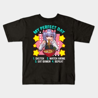 My Perfect Day Sketch Watch Anime Eat Ramen Repeat Kids T-Shirt